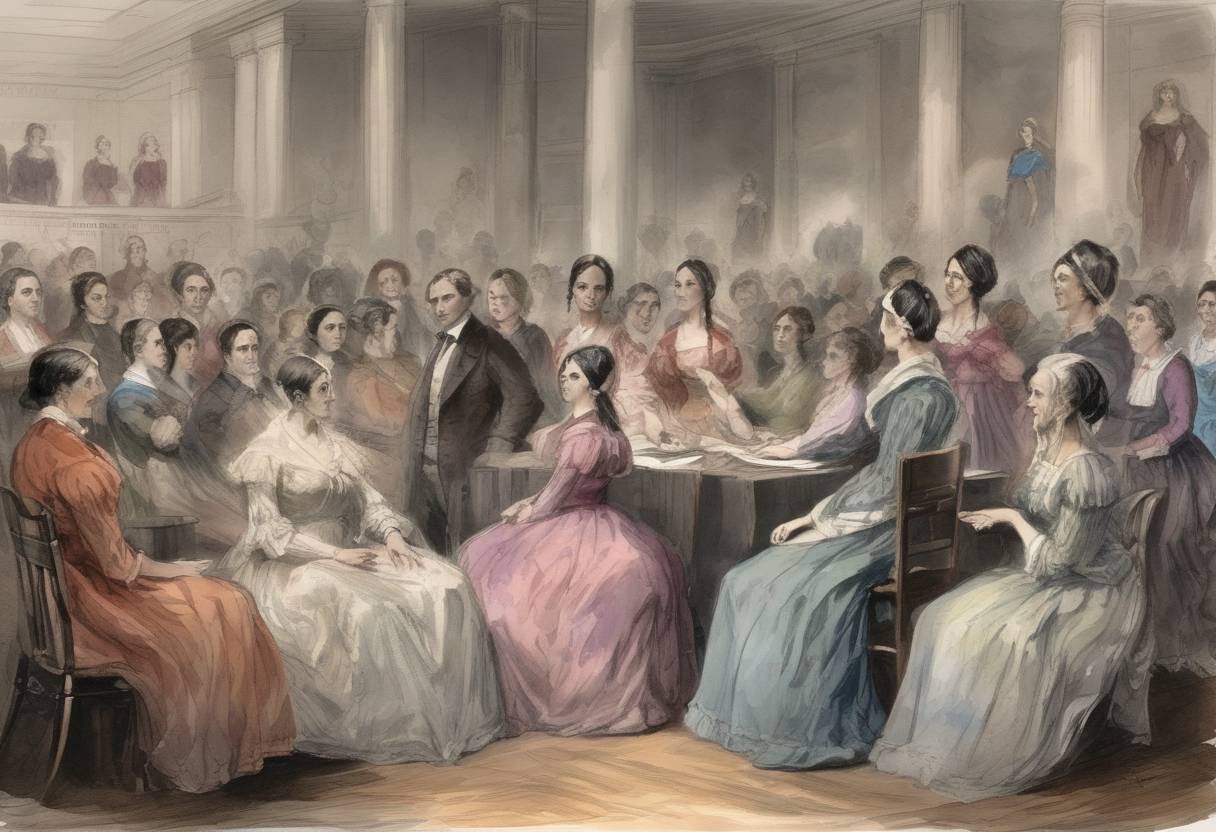 Watercolor painting based depiction of The first Women's Rights Convention began in Seneca Falls, New York, marking the start of the organized women's rights movement in the United States. (1848)