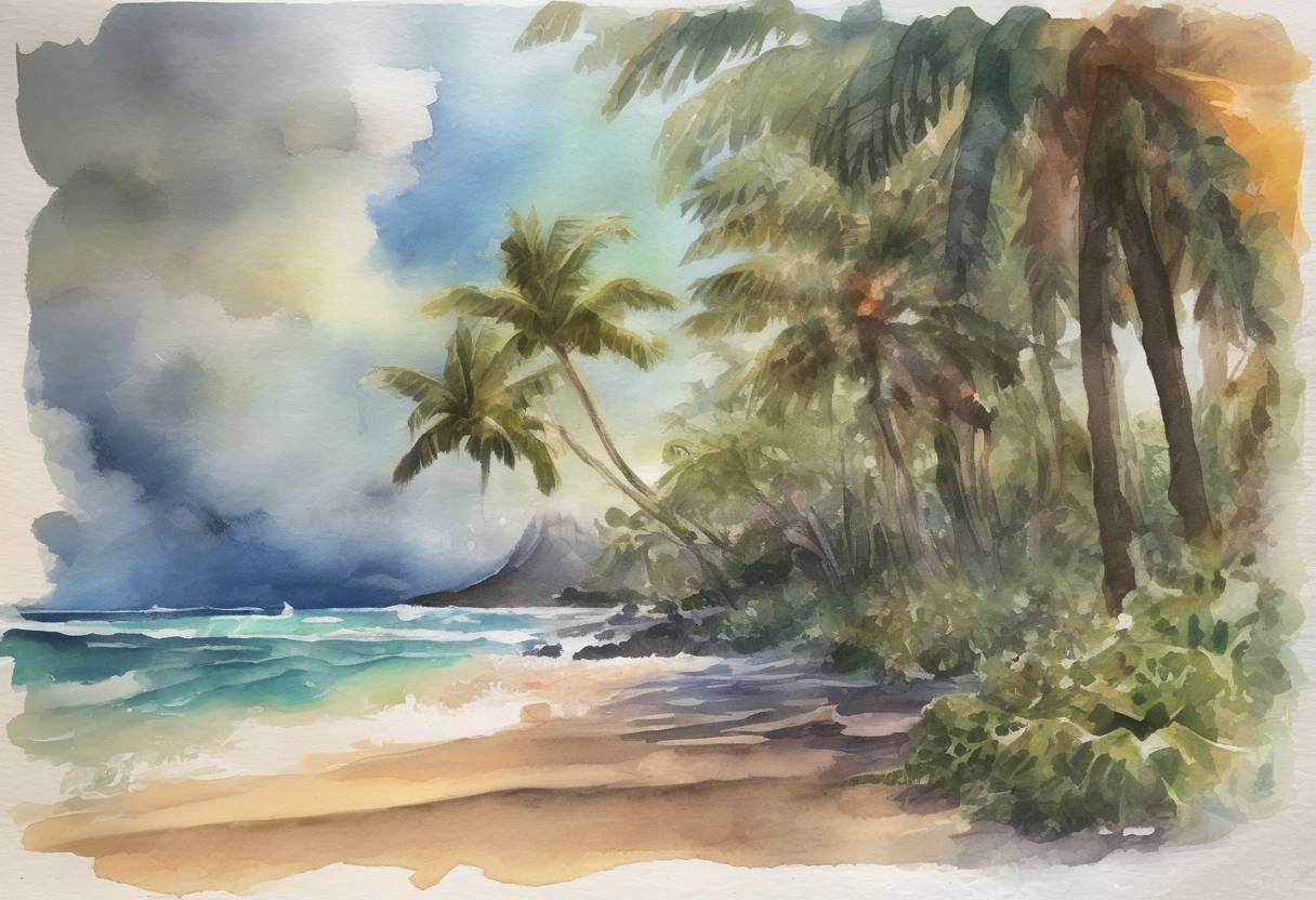 Watercolor painting based depiction of A false missile alert was issued in Hawaii, causing widespread panic before being corrected 38 minutes later. (2018)