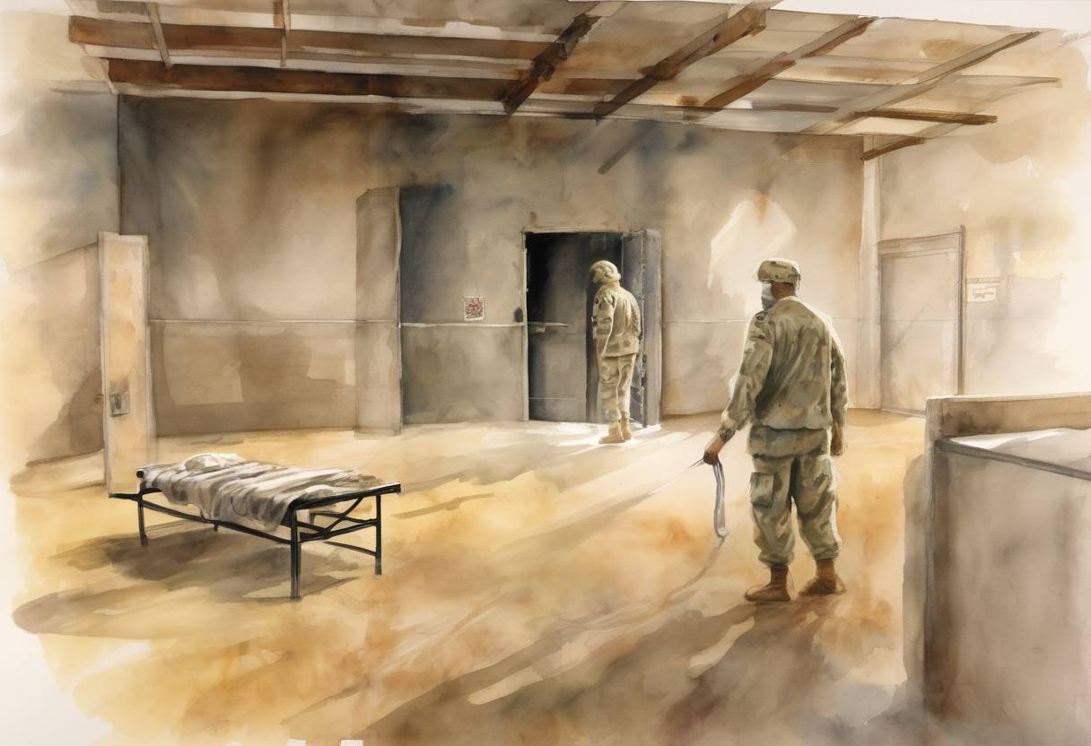 Watercolor painting based depiction of The United States handed over control of the Abu Ghraib prison to the Iraqi government following the prisoner abuse scandal. (2004)