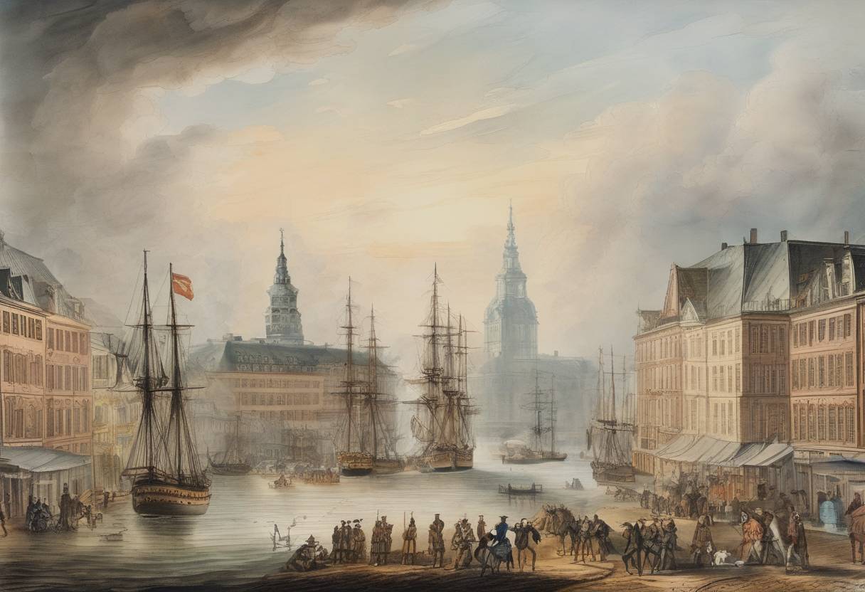 Watercolor painting based depiction of Sweden and Prussia signed the Treaty of Hamburg, ending Sweden's involvement in the Seven Years' War. (1762)