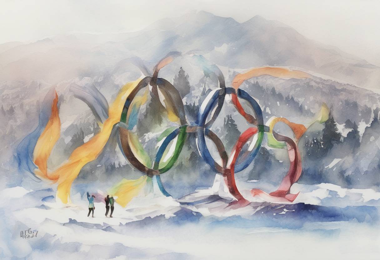 Watercolor painting based depiction of The 2018 Winter Olympics officially opened in Pyeongchang, South Korea, featuring athletes from 92 countries and marking the first time the Winter Games were held in South Korea. (2018)