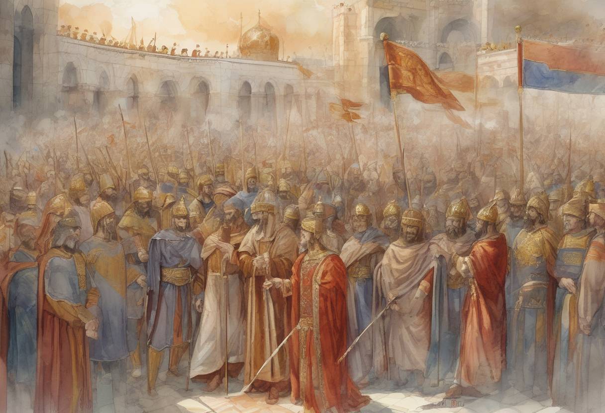 Watercolor painting based depiction of Leo I becomes the Byzantine Emperor, marking the beginning of his reign which would last until 474. His rule is noted for strengthening the Eastern Roman Empire and establishing the Leonid dynasty. (457)