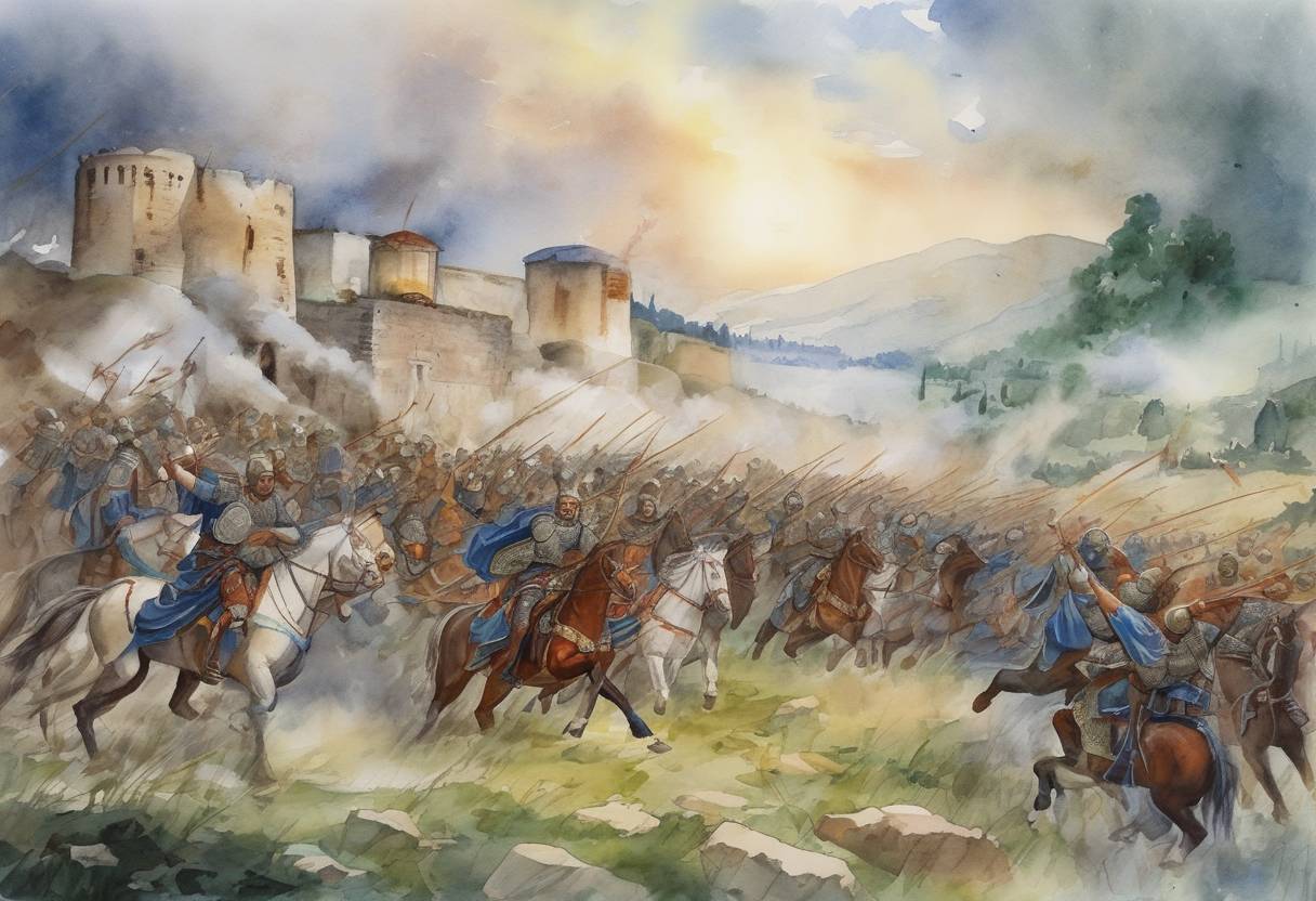 Watercolor painting based depiction of The Battle of Kleidion took place, where Byzantine Emperor Basil II defeated the Bulgarian forces, leading to the eventual fall of the Bulgarian Empire. (1014)