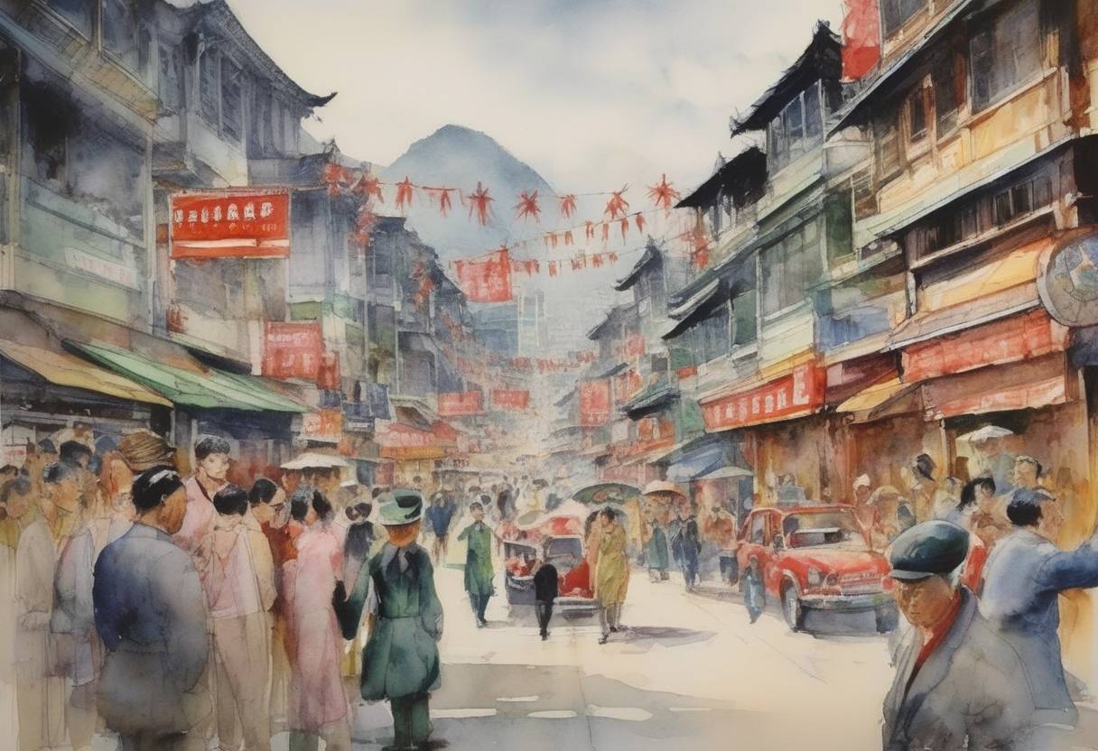 Watercolor painting based depiction of The sovereignty of Hong Kong is transferred from the United Kingdom to the People's Republic of China, ending 156 years of British colonial rule. (1997)