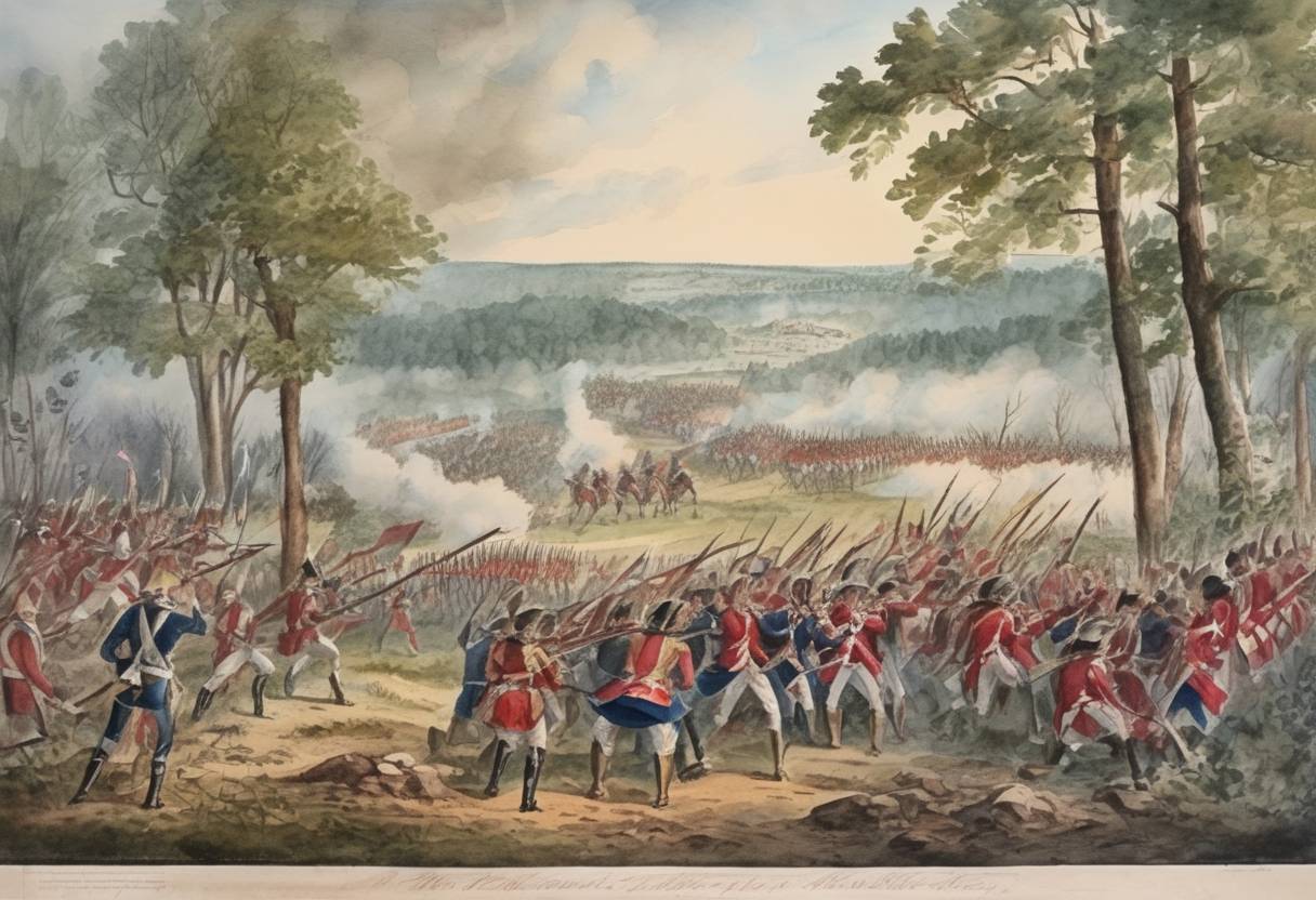 Watercolor painting based depiction of The Battle of Fort Necessity took place, marking one of the first engagements of the French and Indian War. (1754)