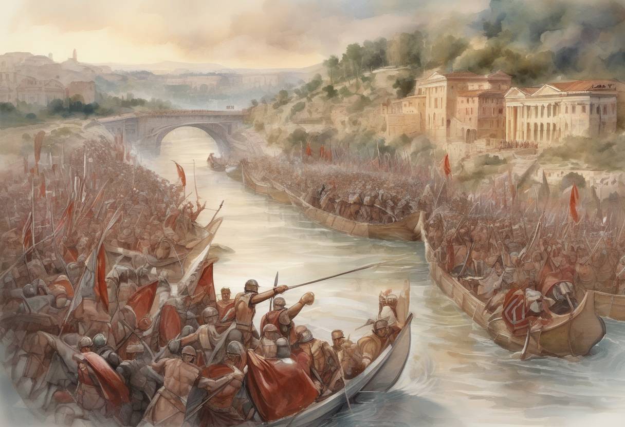 Watercolor painting based depiction of Julius Caesar crosses the Rubicon River, signaling the start of the Roman Civil War. (49)