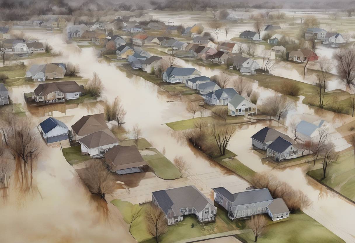 Watercolor painting based depiction of Severe flooding in Iowa leads to the evacuation of thousands of residents as rivers overflow, causing significant damage to homes and infrastructure. (2008)