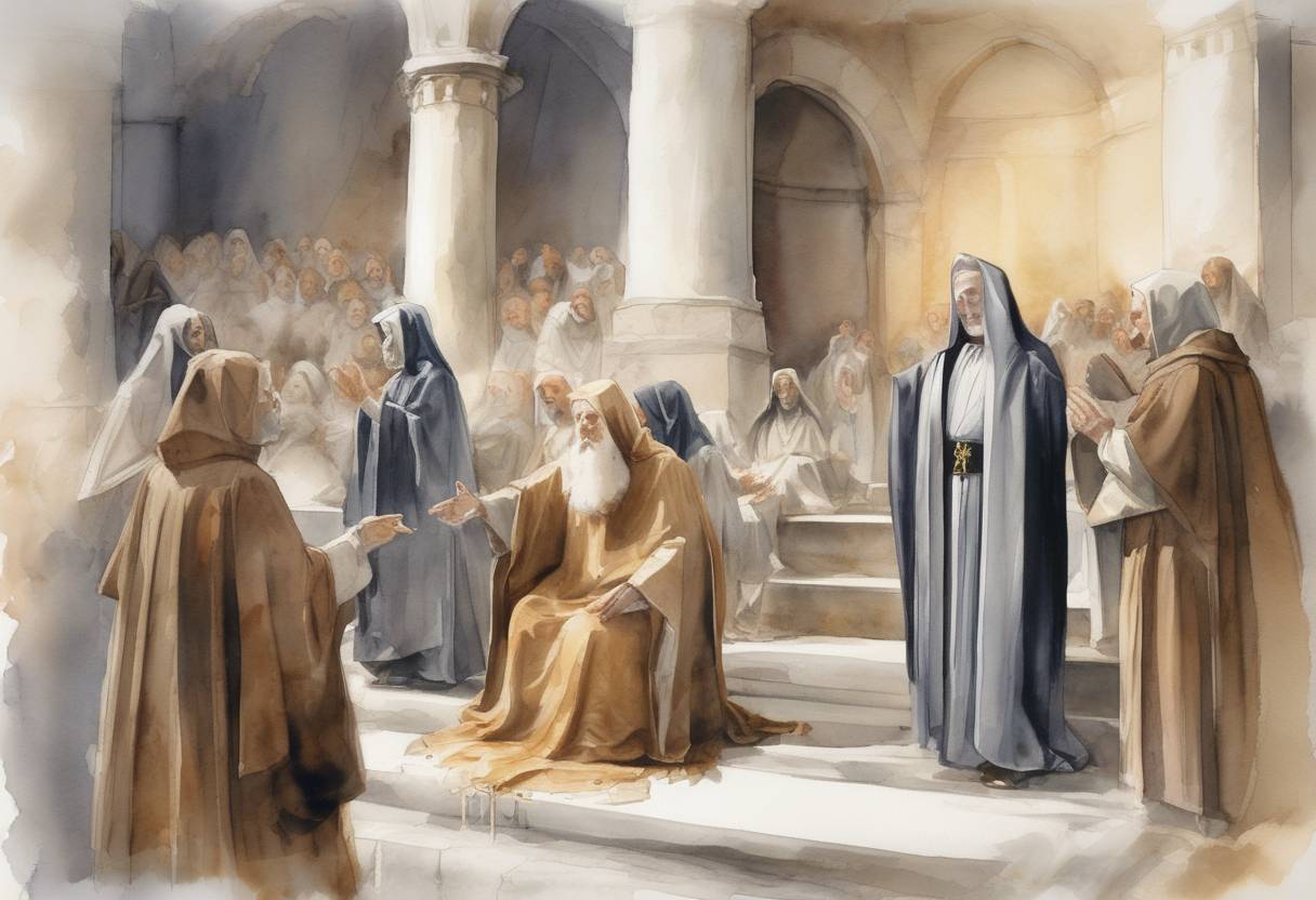Watercolor painting based depiction of The death of Saint Benedict of Nursia, the founder of the Benedictine monastic order, occurred. He is known for establishing the Rule of Saint Benedict, which became a foundational text for Western monasticism. (547)