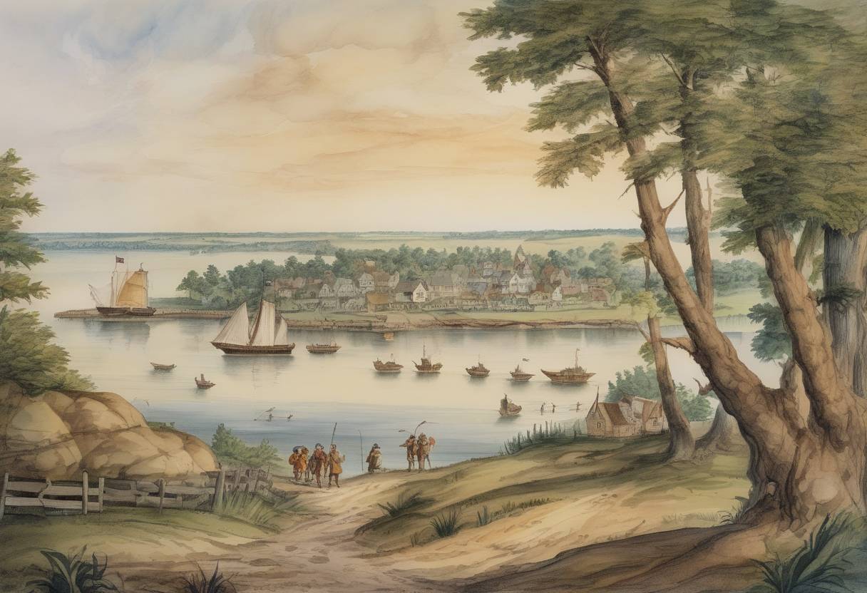 Watercolor painting based depiction of The first settlers arrived in Maryland, led by Leonard Calvert, establishing the colony of Maryland. (1634)