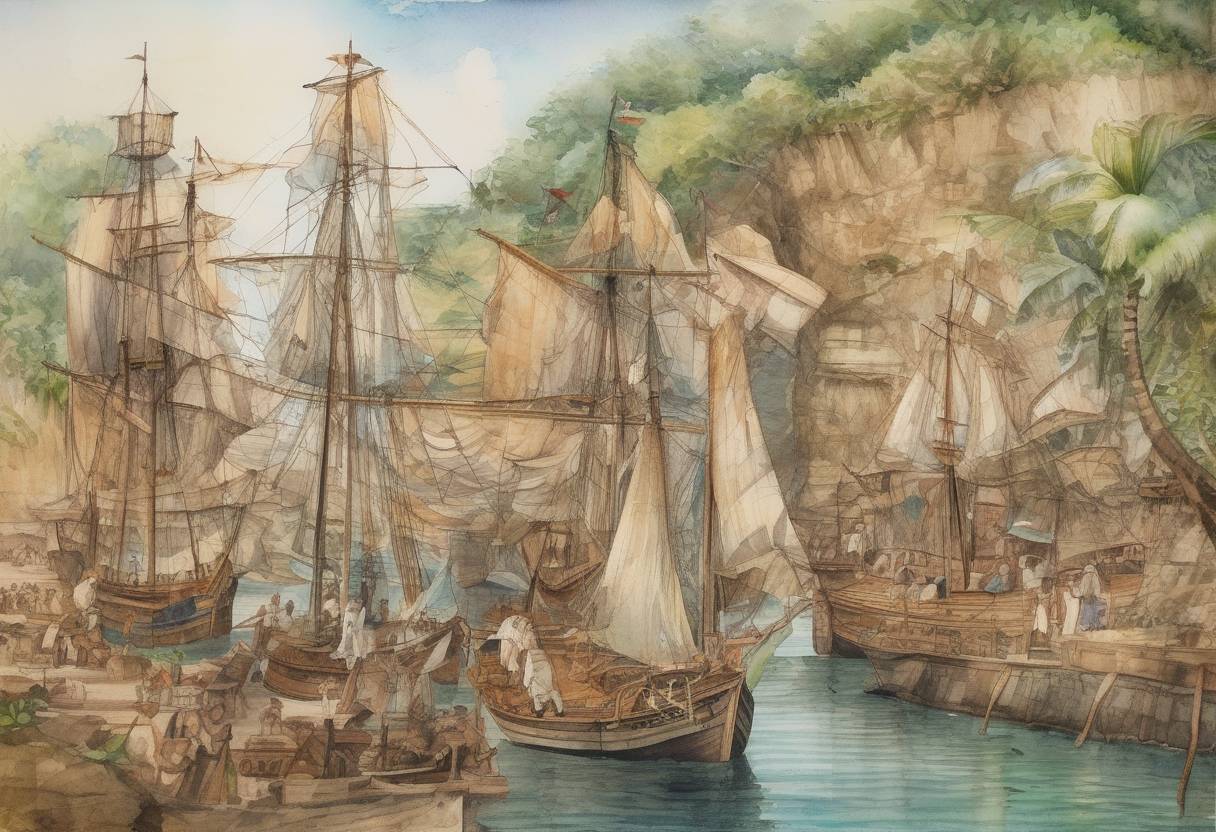 Watercolor painting based depiction of Portuguese navigator Pedro Álvares Cabral becomes the first European to sight Brazil, claiming it for Portugal. (1500)