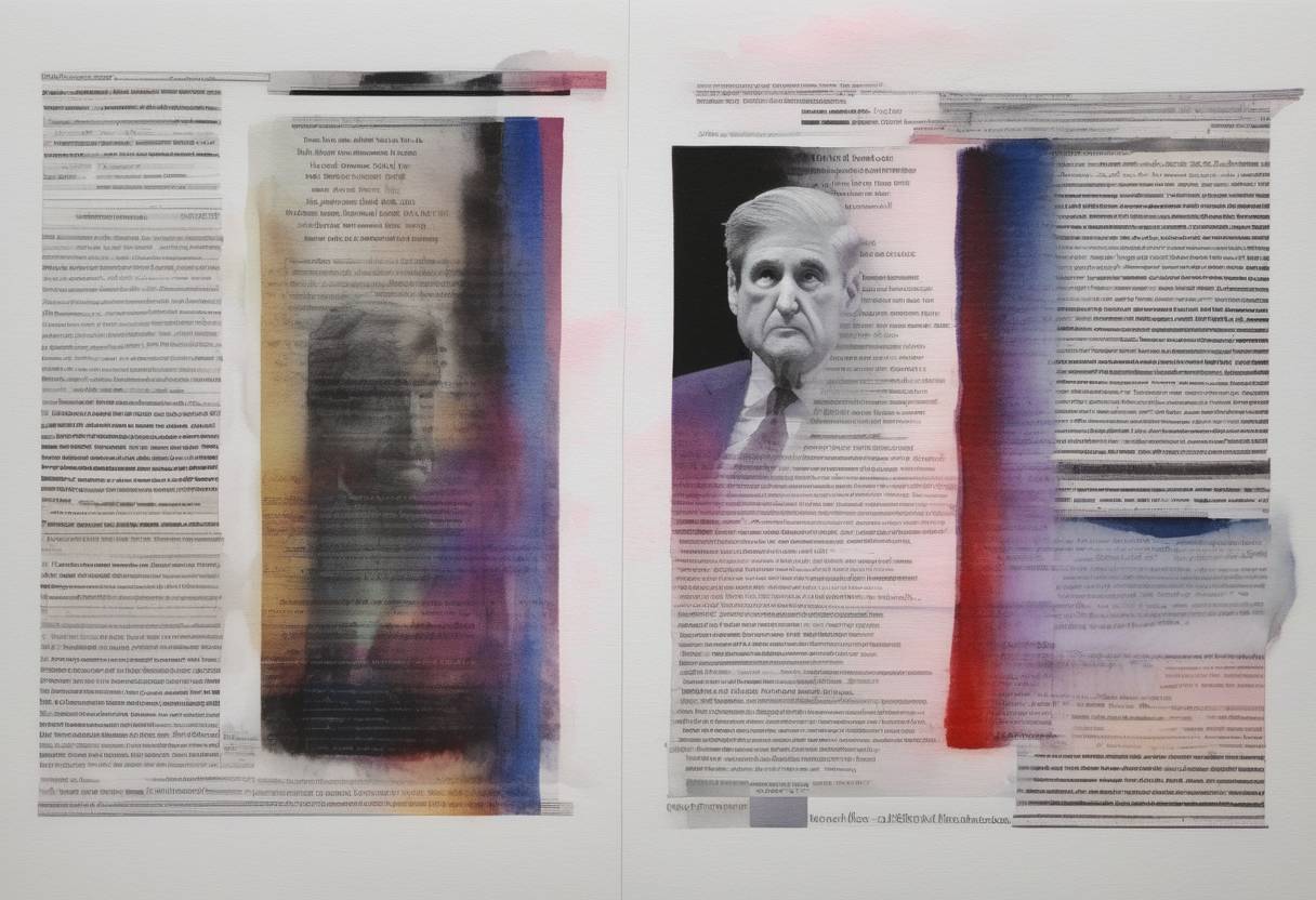 Watercolor painting based depiction of The redacted version of the Mueller Report was released to the public, detailing the investigation into Russian interference in the 2016 U.S. presidential election. (2019)