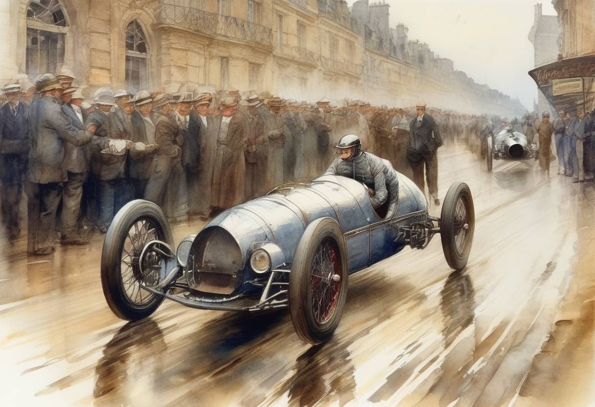 Watercolor painting based depiction of The first Grand Prix motor race was held in Le Mans, France. (1906)