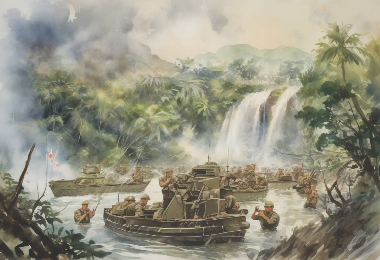 Watercolor painting based depiction of Singapore falls to Japanese forces during World War II, marking one of the greatest defeats in British military history. (1942)