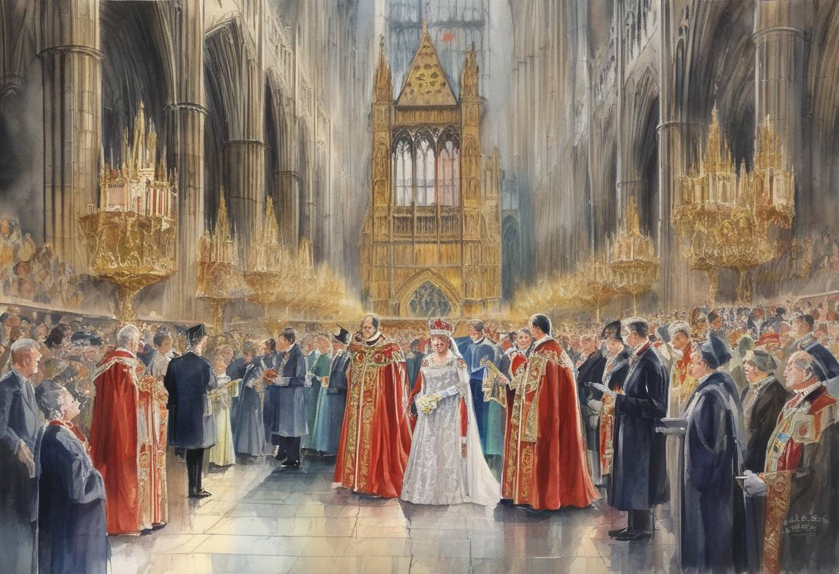 Watercolor painting based depiction of Queen Elizabeth II is crowned in Westminster Abbey, London, marking the beginning of her reign. (1953)