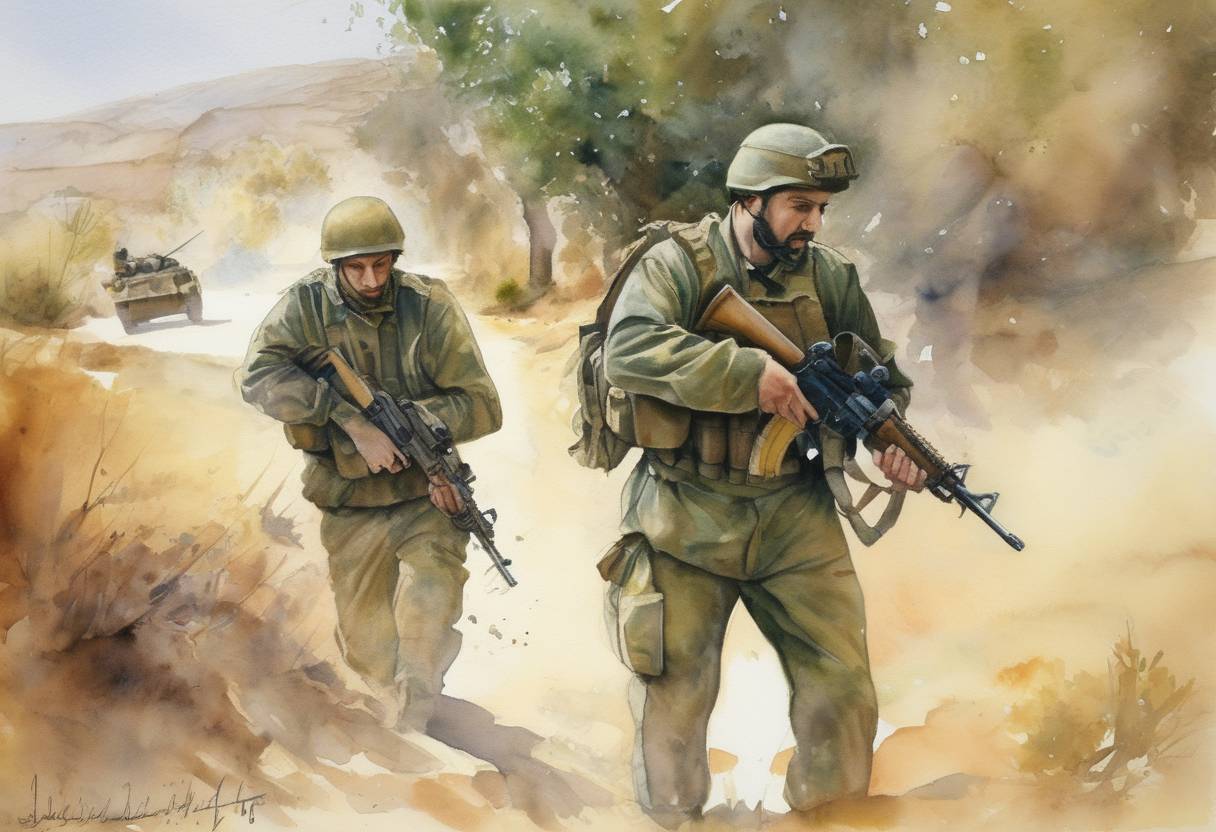 Watercolor painting based depiction of Hezbollah launched a cross-border raid into Israel, capturing two Israeli soldiers, which led to the 2006 Lebanon War. (2006)