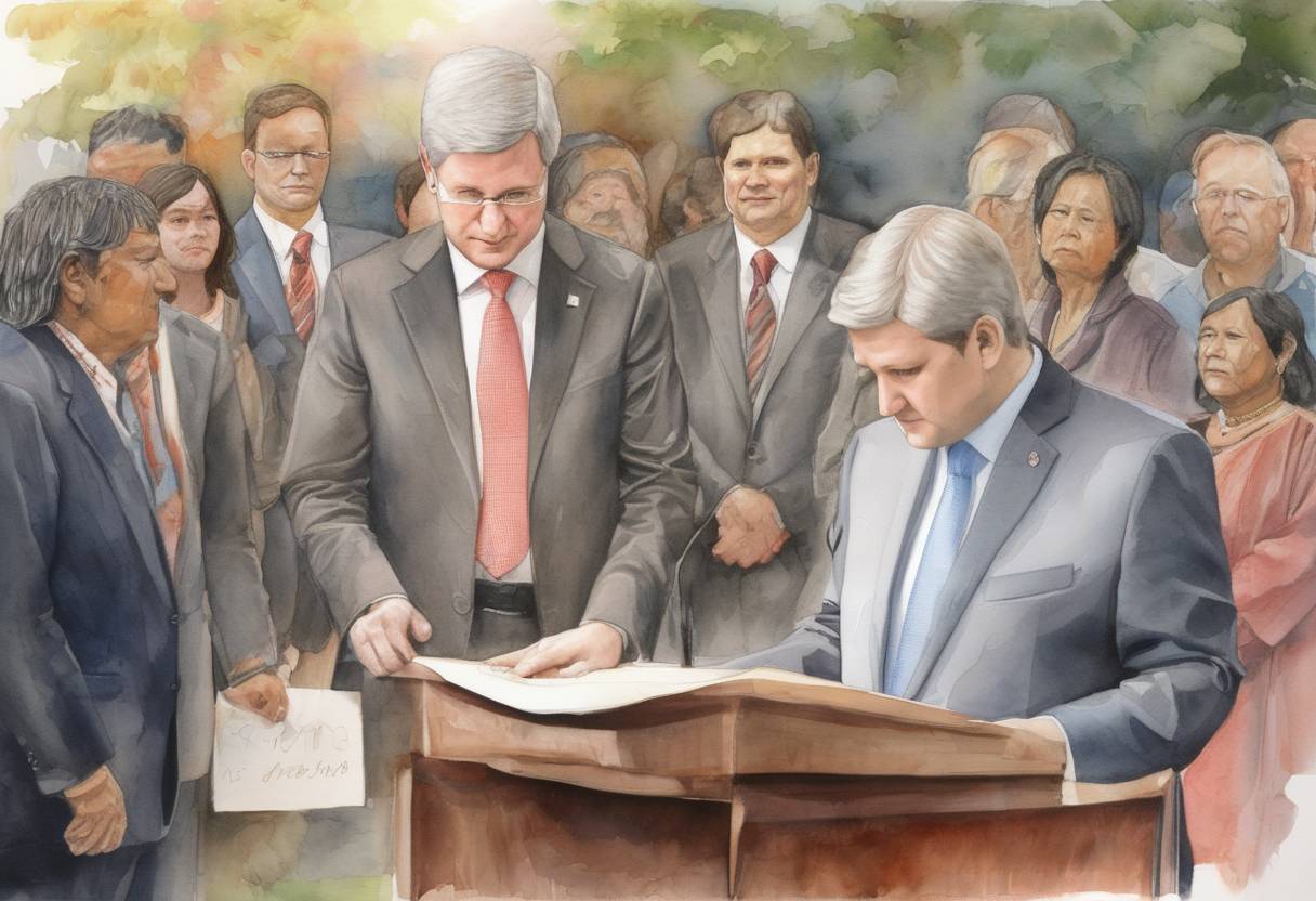 Watercolor painting based depiction of Canadian Prime Minister Stephen Harper formally apologizes to the First Nations for the Canadian Indian residential school system. (2008)