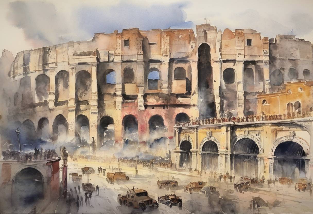 Watercolor painting based depiction of Italy declared war on France and the United Kingdom during World War II. (1940)