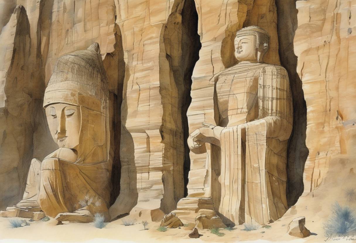 Watercolor painting based depiction of The BBC reported that the Taliban destroyed two giant Buddha statues in Bamiyan, Afghanistan, which were considered significant cultural and historical artifacts. (2001)