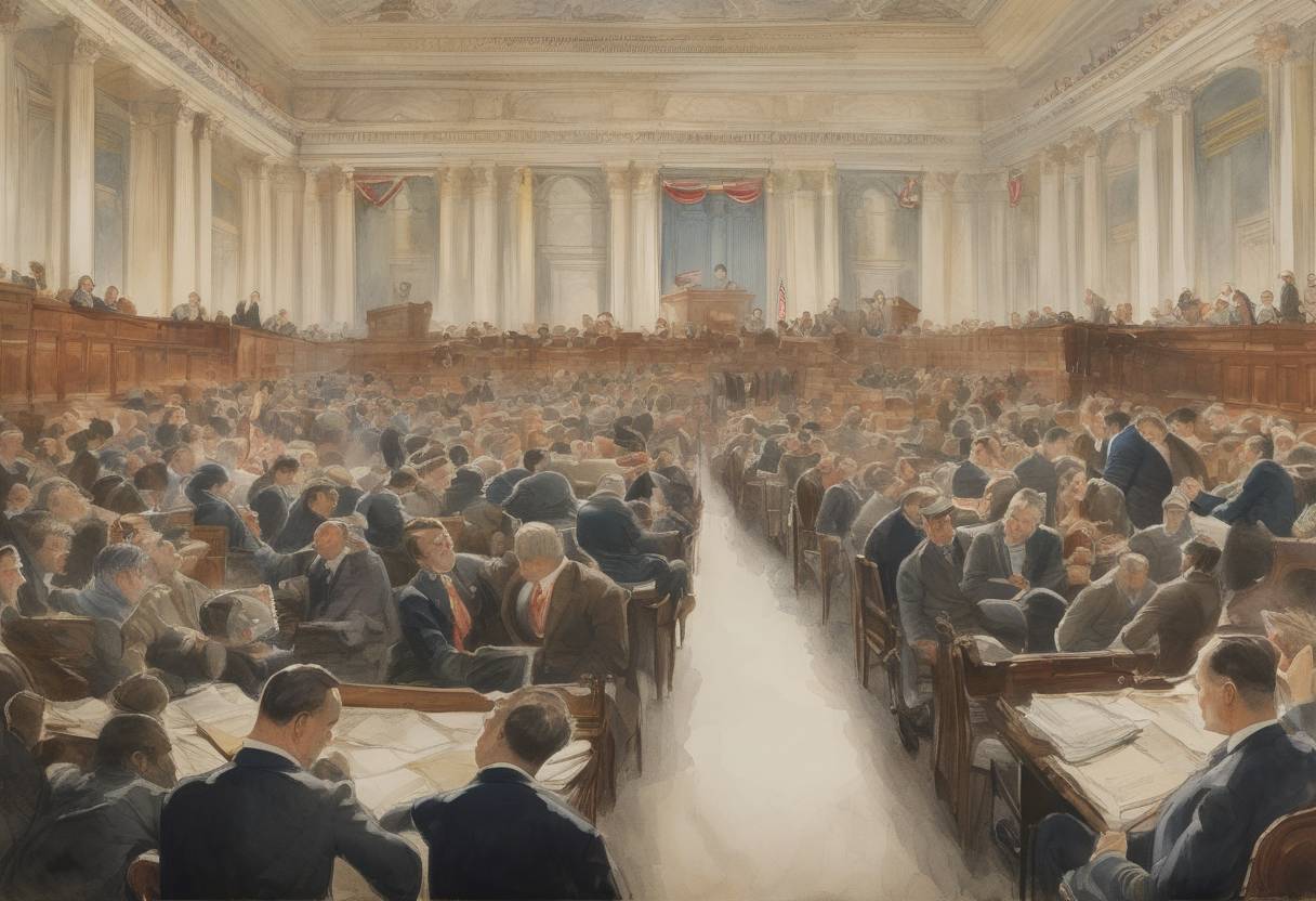 Watercolor painting based depiction of The United States Congress passes the Immigration Act of 1917, which restricts immigration by imposing literacy tests and barring immigrants from Asia. (1917)