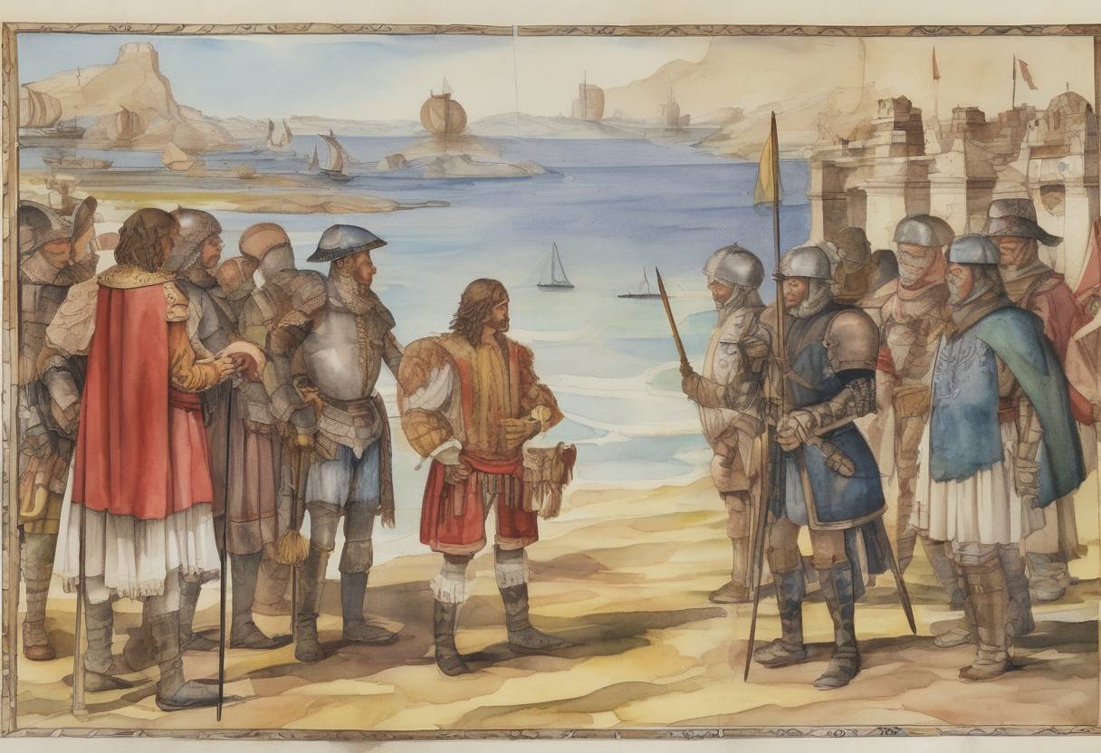 Watercolor painting based depiction of The Treaty of Tordesillas was signed, dividing the newly discovered lands outside Europe between Portugal and Spain along a meridian 370 leagues west of the Cape Verde islands. (1494)