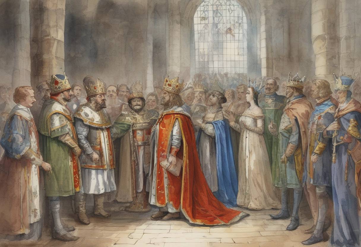 Watercolor painting based depiction of Henry the Fowler is elected King of Germany, marking the beginning of the Ottonian dynasty. (919)