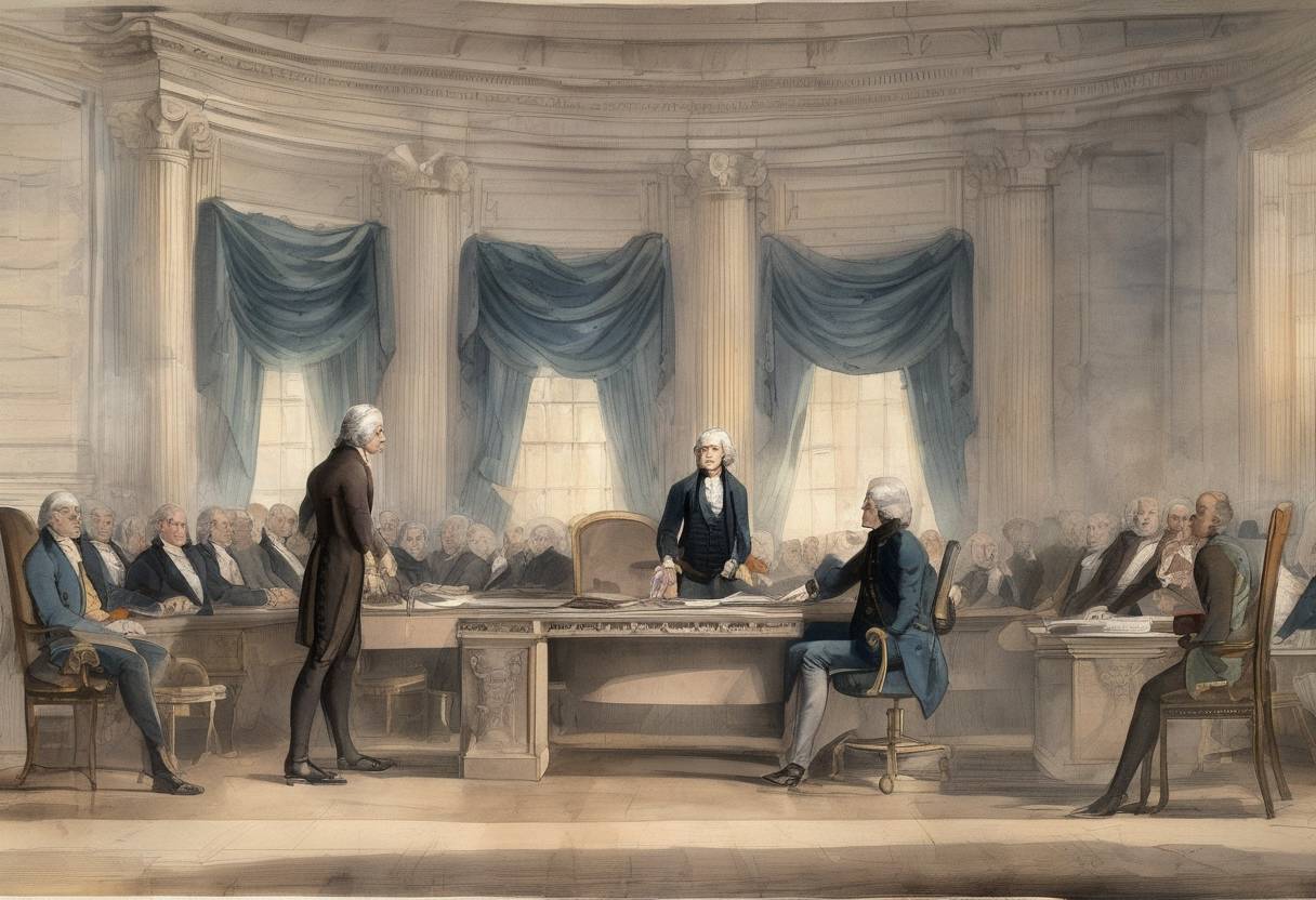 Watercolor painting based depiction of An electoral tie between Thomas Jefferson and Aaron Burr was resolved when Jefferson was elected President of the United States by the House of Representatives. (1801)