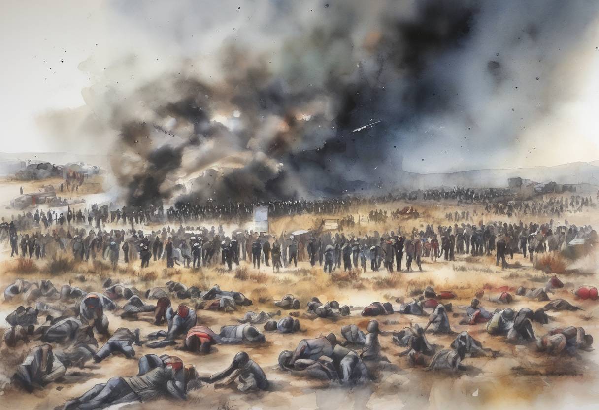 Watercolor painting based depiction of The Marikana massacre occurred in South Africa, where police opened fire on striking miners, resulting in 34 deaths and many injuries. (2012)