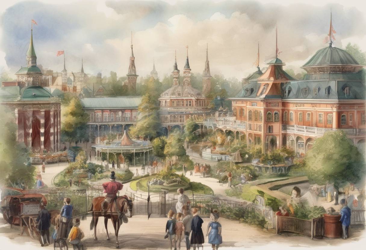Watercolor painting based depiction of The Tivoli Gardens, one of the oldest amusement parks in the world, opened in Copenhagen, Denmark. (1843)