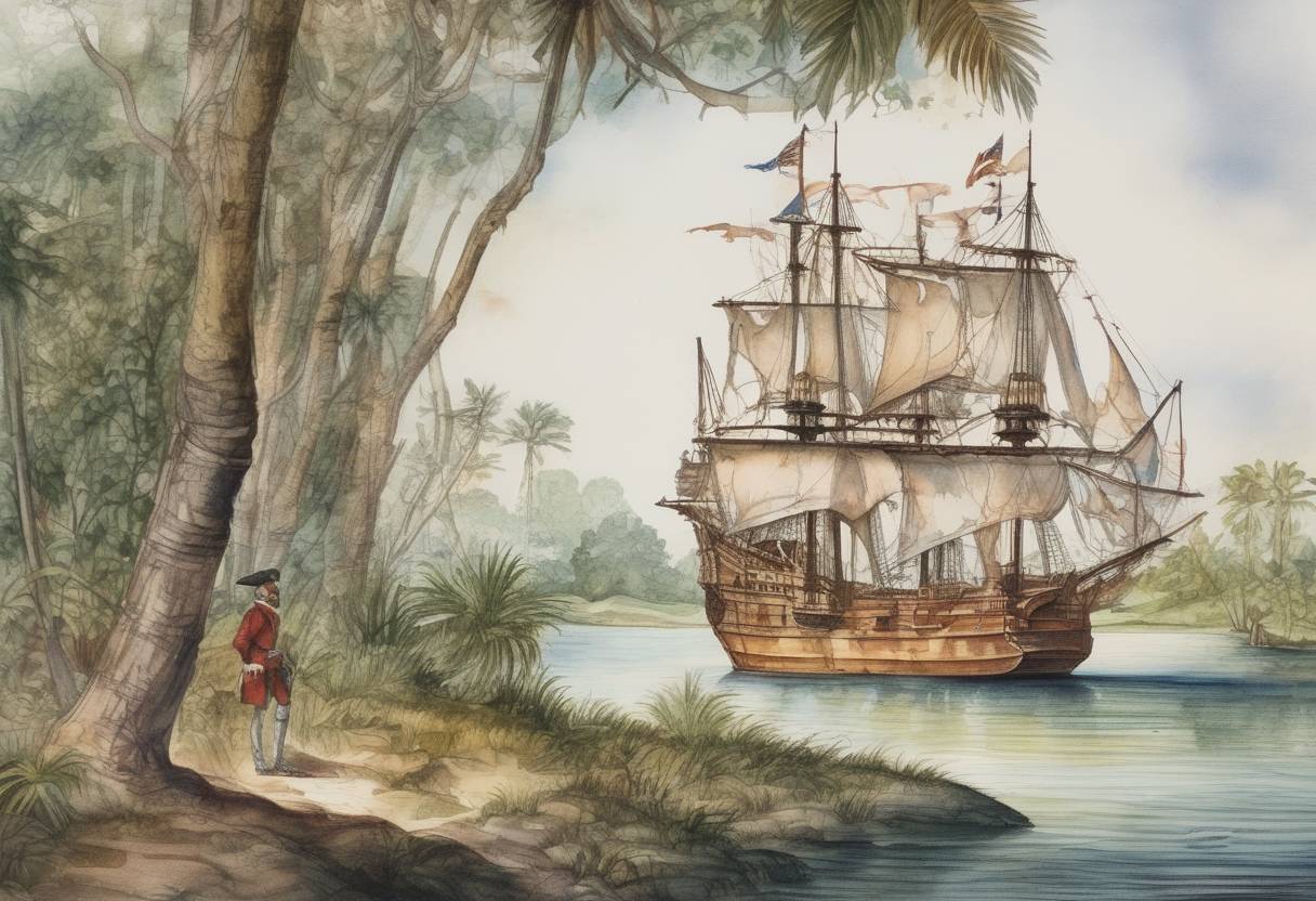 Watercolor painting based depiction of Spanish explorer Juan Ponce de León sighted Florida, claiming it for Spain. (1513)