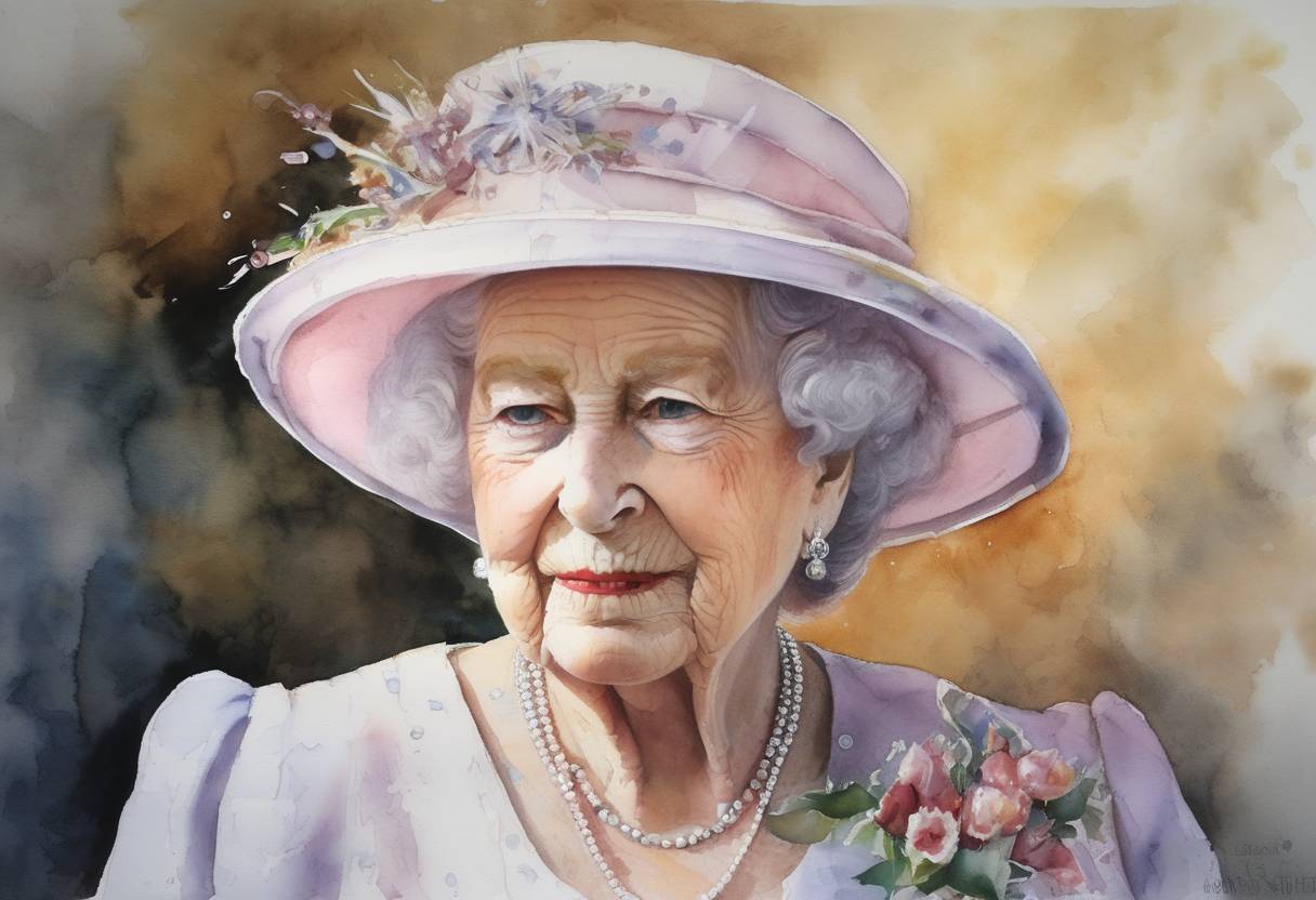 Watercolor painting based depiction of The Queen Mother, Elizabeth Bowes-Lyon, passed away at the age of 101. She was the mother of Queen Elizabeth II and a beloved figure in the United Kingdom. (2002)