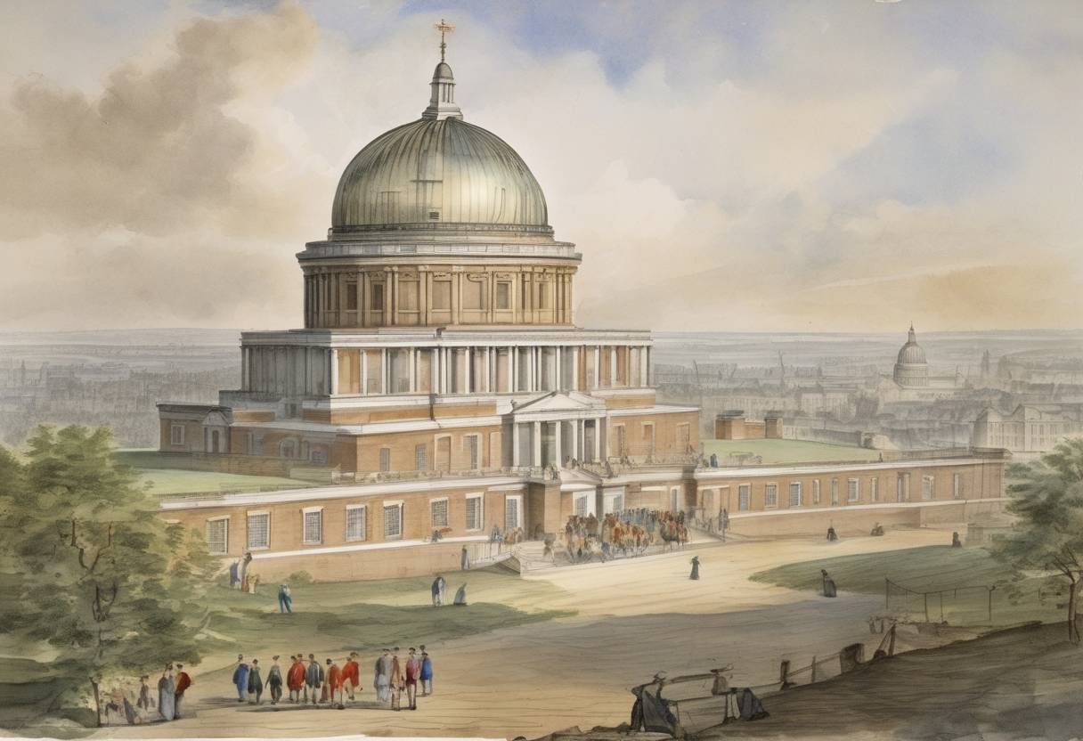 Watercolor painting based depiction of The foundation stone of the Royal Greenwich Observatory in London, England is laid. (1675)