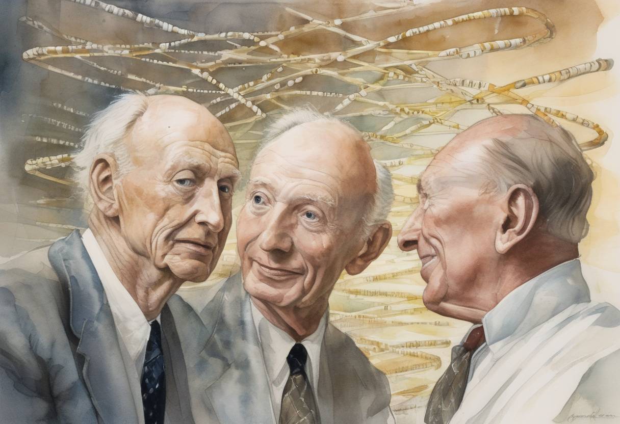 Watercolor painting based depiction of James Watson and Francis Crick announce that they have determined the double-helix structure of DNA, a pivotal moment in the field of genetics. (1953)