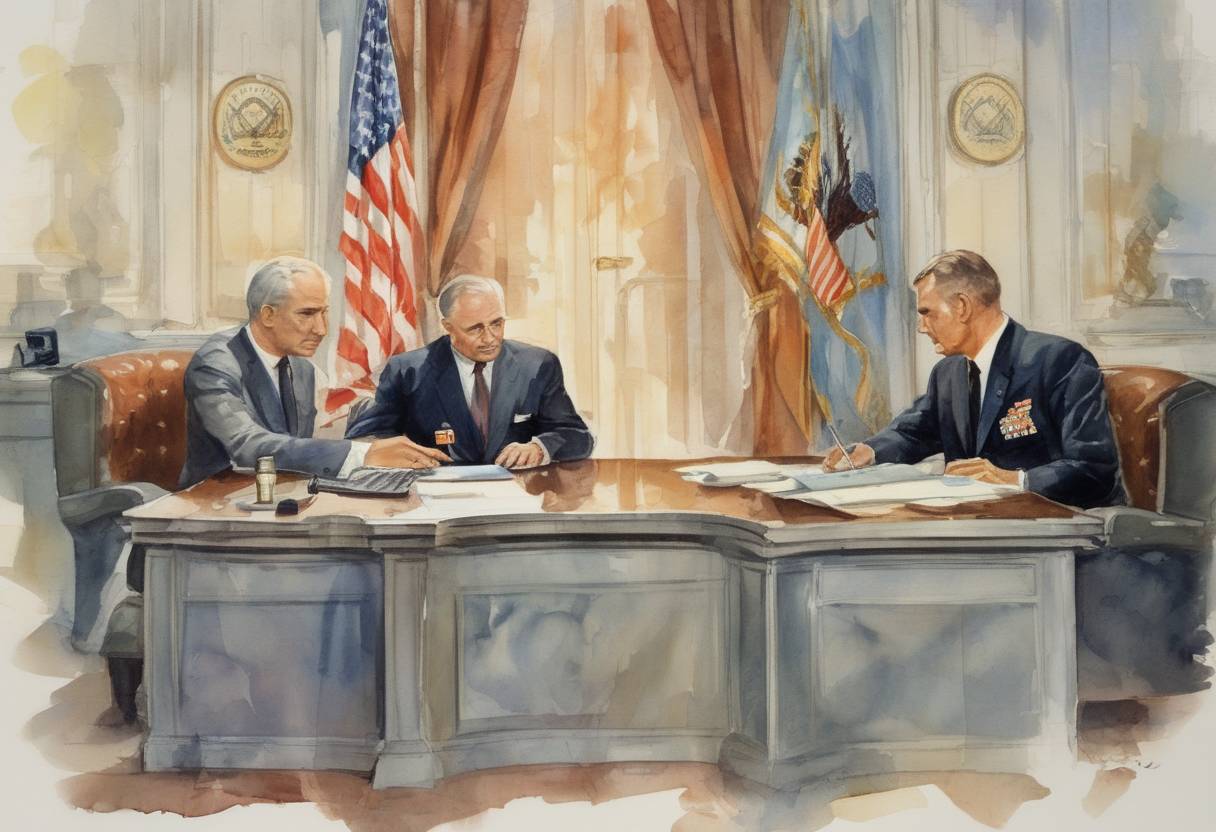 Watercolor painting based depiction of The United States and the Soviet Union agree to establish a direct communications link, known as the "Hotline," to reduce the risk of accidental nuclear war. (1963)
