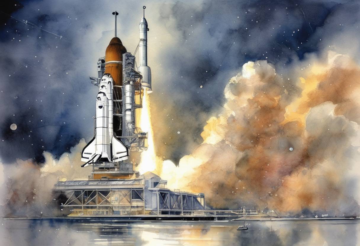 Watercolor painting based depiction of The Hubble Space Telescope was launched into space by the Space Shuttle Discovery. (1990)