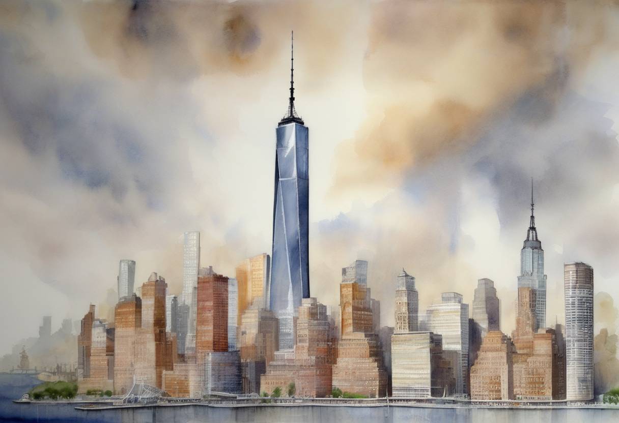 Watercolor painting based depiction of Construction of the Freedom Tower (later renamed One World Trade Center) officially began in New York City, marking a significant step in the rebuilding of the World Trade Center site after the September 11 attacks. (2006)