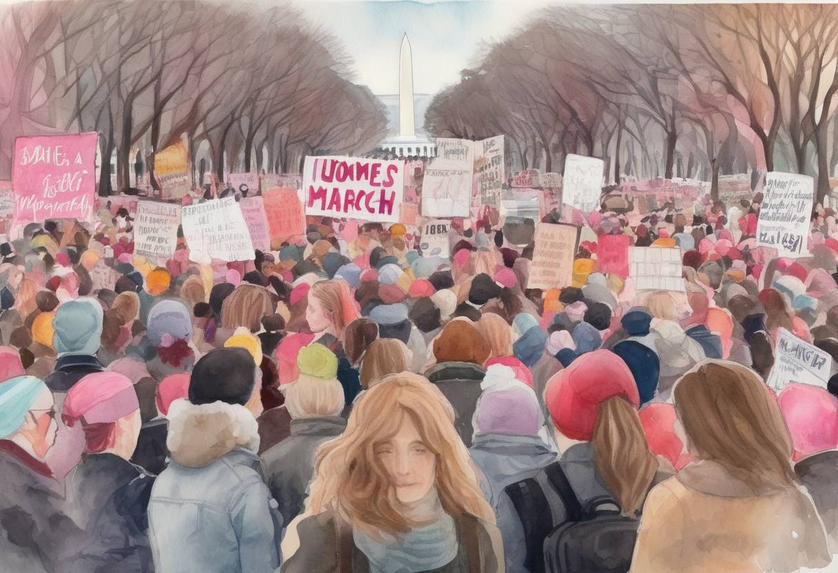 Watercolor painting based depiction of The Women's March took place in Washington, D.C., and around the world, with millions of people protesting for women's rights and other civil rights issues. (2017)