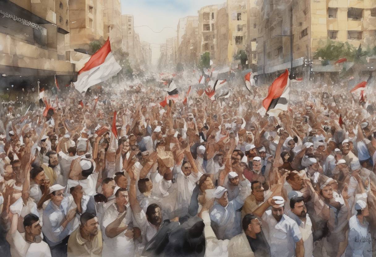 Watercolor painting based depiction of The Egyptian Revolution of 2011 begins with widespread protests demanding the end of President Hosni Mubarak's regime. (2011)