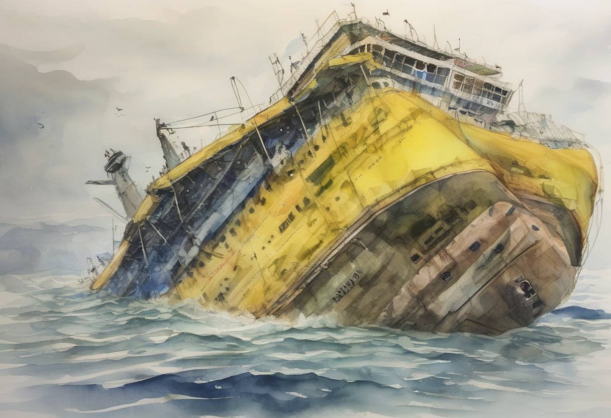 Watercolor painting based depiction of The South Korean ferry MV Sewol capsized and sank, resulting in the deaths of 304 passengers, most of whom were high school students. (2014)