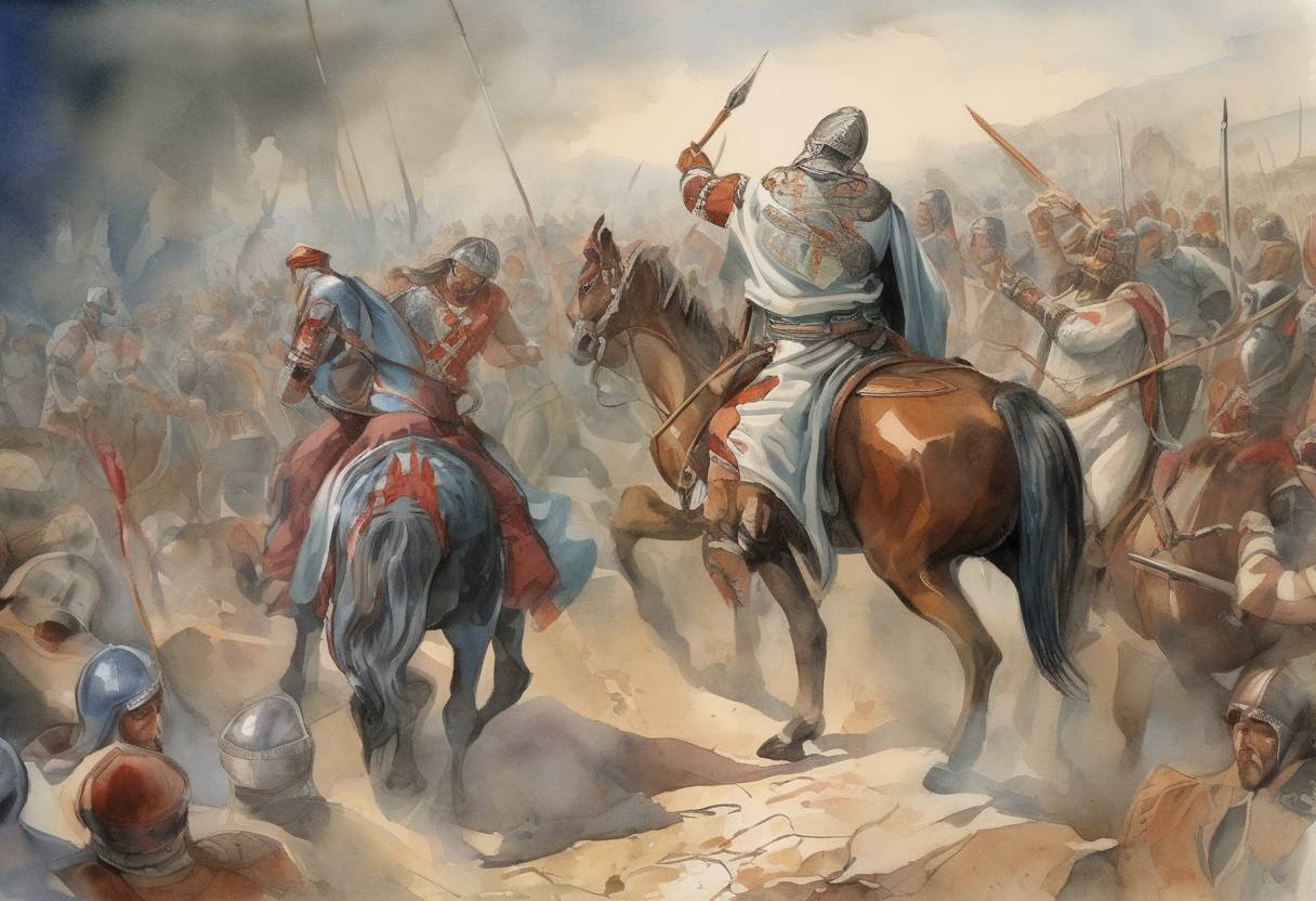 Watercolor painting based depiction of The death of Krum, the Khan of Bulgaria, who was known for his military campaigns against the Byzantine Empire and for establishing a strong centralized state. His reign marked a period of expansion and consolidation for the Bulgarian Empire. (814)