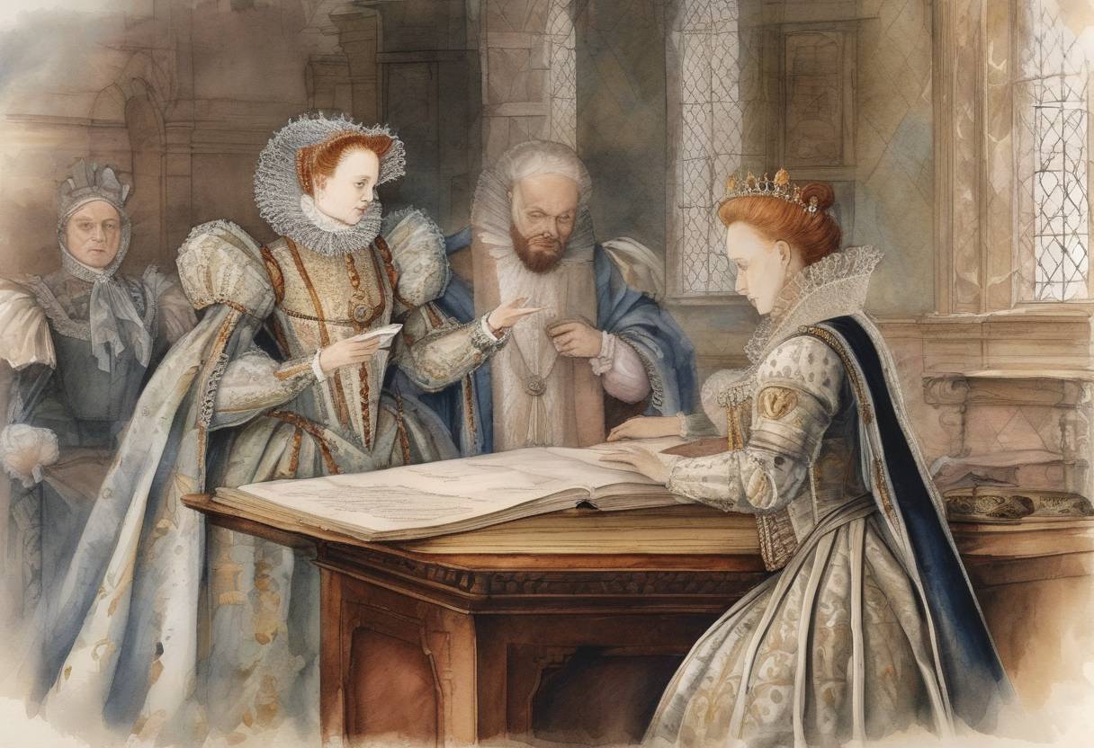 Watercolor painting based depiction of Queen Elizabeth I of England signs the death warrant for Mary, Queen of Scots. (1587)