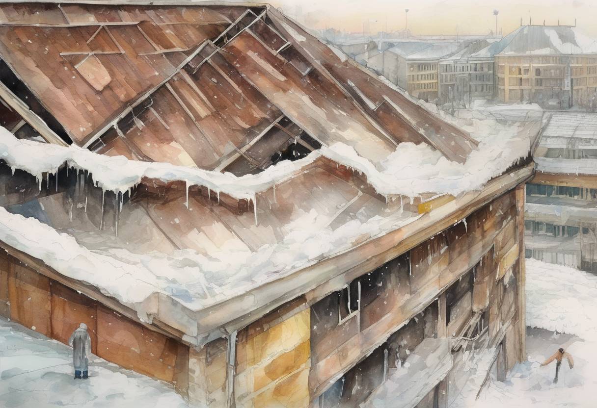 Watercolor painting based depiction of The roof of one of the buildings at the Katowice International Fair in Poland collapses due to heavy snow, resulting in 65 deaths and over 170 injuries. (2006)