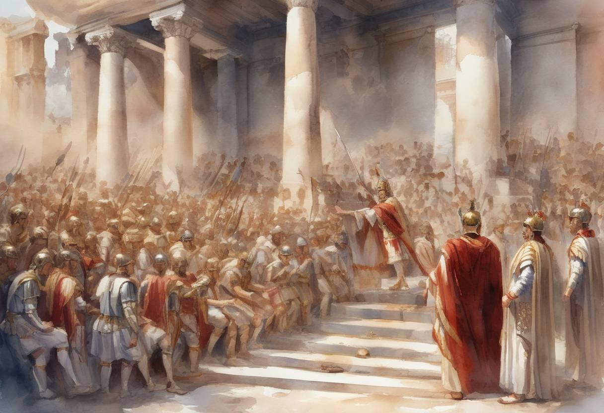 Watercolor painting based depiction of The Roman Emperor Valentinian II issued a decree prohibiting pagan worship in the Roman Empire, marking a significant step in the Christianization of the empire. (392)