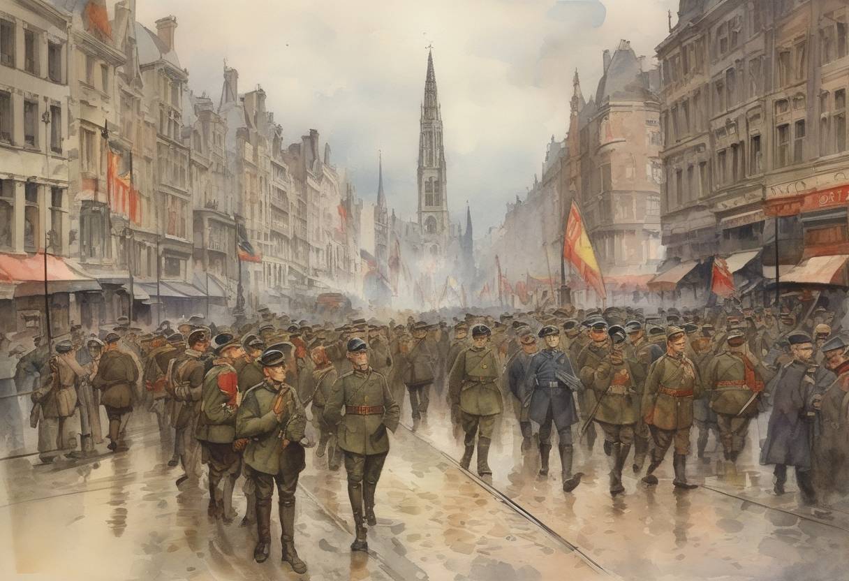 Watercolor painting based depiction of German forces occupy Brussels during World War I. (1914)