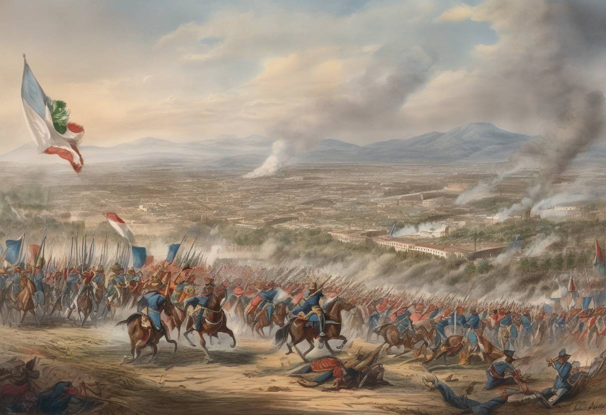 Watercolor painting based depiction of The Battle of Puebla takes place during the French intervention in Mexico, leading to a Mexican victory over French forces. (1862)
