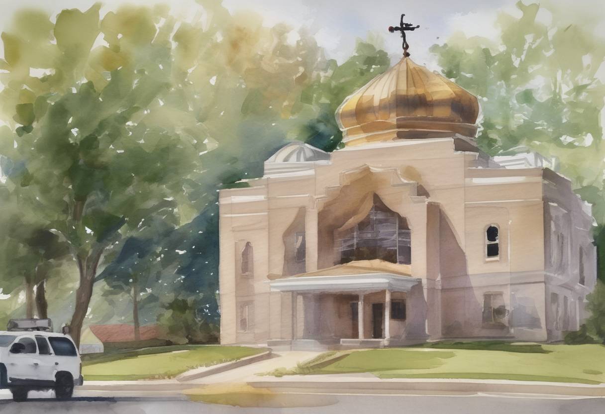 Watercolor painting based depiction of A gunman opened fire at a Sikh temple in Oak Creek, Wisconsin, killing six people and wounding four others before taking his own life. The attack was classified as an act of domestic terrorism. (2012)