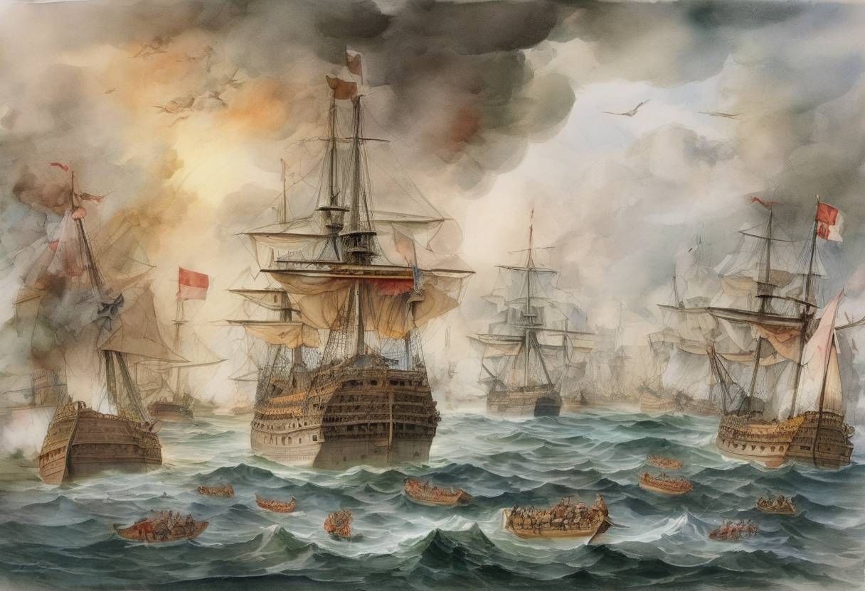 Watercolor painting based depiction of The Spanish Armada was defeated by the English navy under the command of Lord Charles Howard and Sir Francis Drake, marking a significant turning point in the Anglo-Spanish War. (1588)