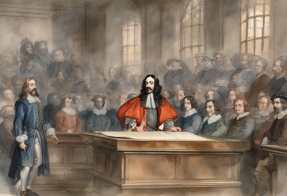 Watercolor painting based depiction of King Charles I of England went on trial for treason and other high crimes against the realm. This trial eventually led to his execution. (1649)