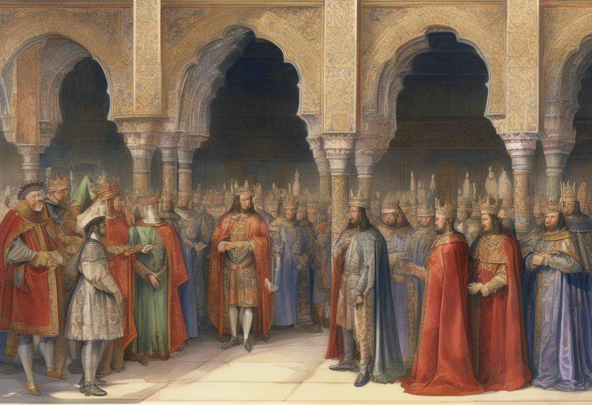 Watercolor painting based depiction of Spain's Catholic Monarchs, Ferdinand II of Aragon and Isabella I of Castile, signed the Alhambra Decree, ordering the expulsion of practicing Jews from the Kingdoms of Castile and Aragon and its territories by July 31 of that year. (1492)