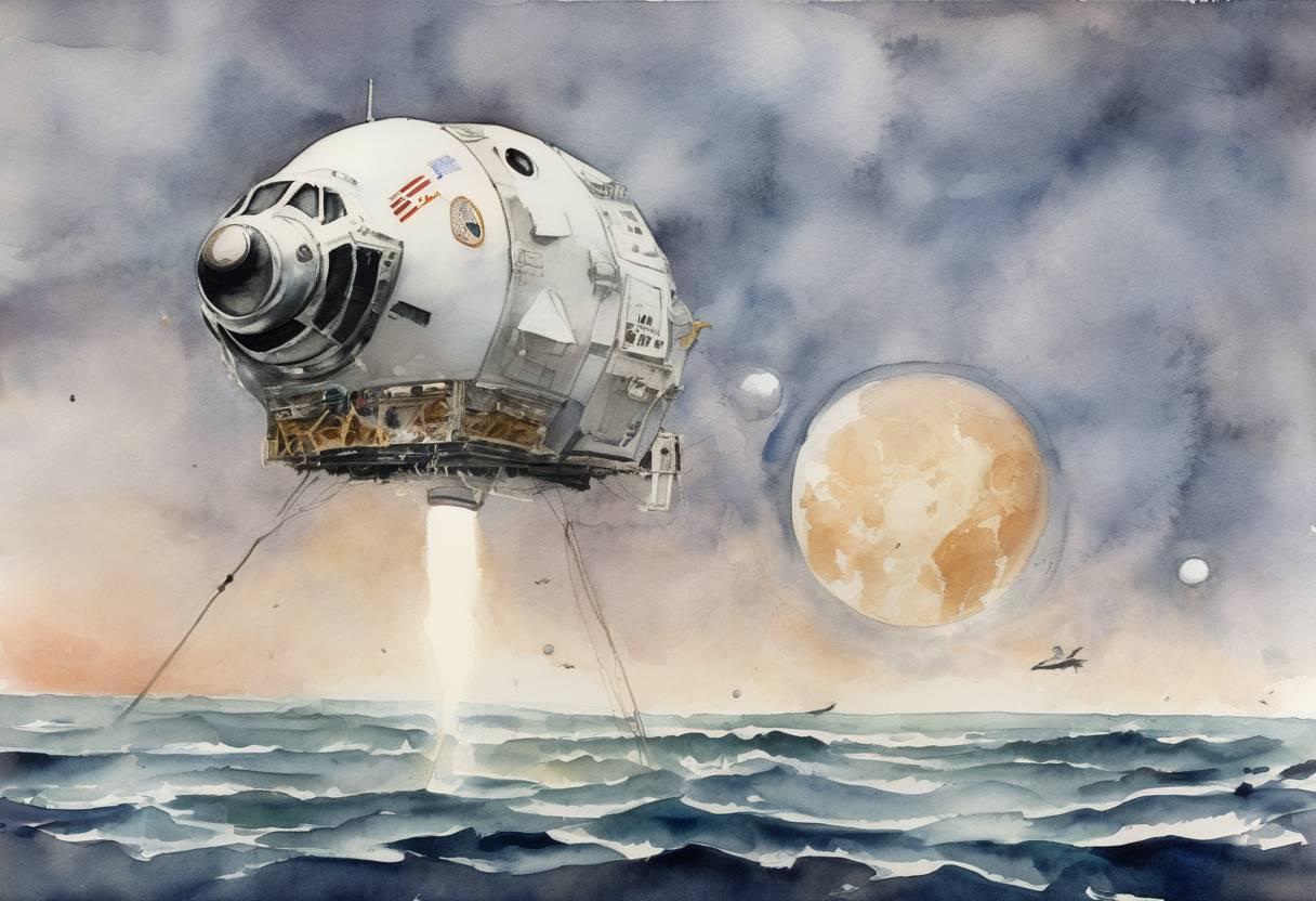 Watercolor painting based depiction of Apollo 11 safely returns to Earth, completing the first manned mission to the Moon. (1969)