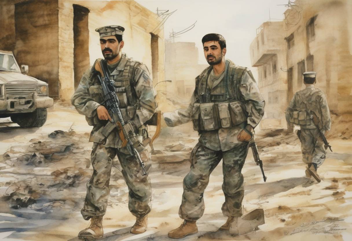 Watercolor painting based depiction of Uday and Qusay Hussein, sons of Saddam Hussein, were killed by U.S. forces in Mosul, Iraq. (2003)